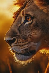 Wall Mural - majestic profile of a lion looking into the sun at dawn, with the warm glow from the rising sun high