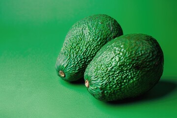 fresh, green avocados, two of them, looking ready to be eaten. they are a great source of healthy fa