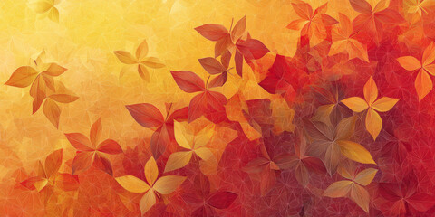 Wall Mural - A vibrant autumn design featuring geometric patterns of colorful leaves in shades of orange, gold, and rust, arranged on a gradient background transitioning from red to yellow.