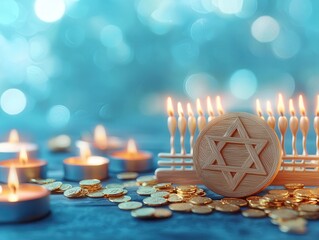 Canvas Print - Star of David and Candles with Gold Coins.