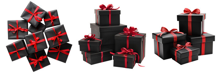 Set of isolated pile of black gift boxes with red ribbon on a transparent background for Black Friday sales or celebration events. Front and top view.