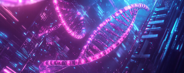 A vibrant background featuring multiple glowing DNA strands in bright neon colors, floating in a futuristic high-tech environment.