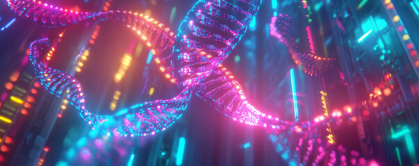 A vibrant background featuring multiple glowing DNA strands in bright neon colors, floating in a futuristic high-tech environment.