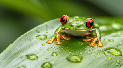 A green frog with red eyes is sitting on a leaf