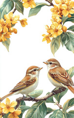 Wall Mural - Eastern style illustration, seated birds and yellow flowers. AI generative.