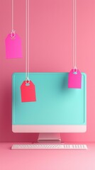 Canvas Print - Computer with hanging tags on pink background.