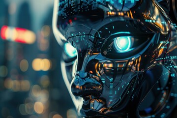 Wall Mural - a futuristic face with blue eyes and a metallic appearance