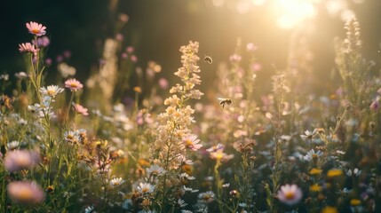 Wall Mural - Bees Buzzing in Golden Sunlight