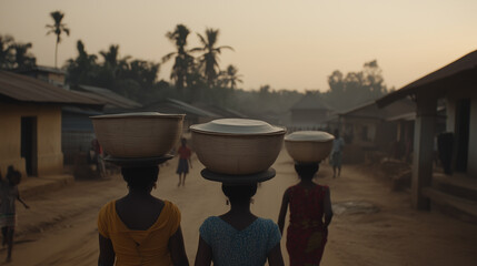 Wall Mural - Three women carrying baskets on their heads walk down a dirt road