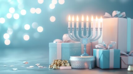 Poster - Menorah with Gifts and Confetti on Blue Background.