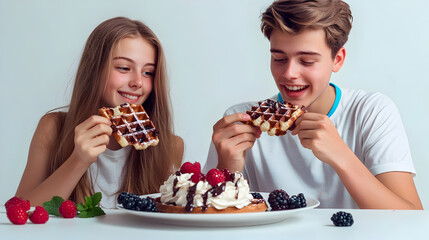 Two smiling teenagers enjoying waffles with chocolate and berries, showcasing a lighthearted moment of friendship, sharing a delicious sweet dessert, perfect for a fun breakfast or brunch