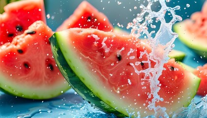 Refreshing summer delight of juicy watermelon slices with splashes of water against a vibrant blue background