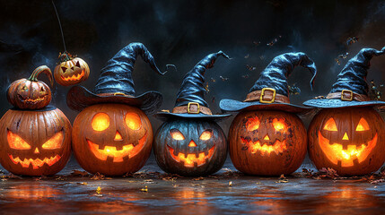 Row of pumpkins carved with glowing faces wearing witch hats, embracing the Halloween spirit under a dark, spooky sky.