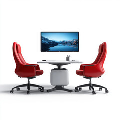 Wall Mural - Contemporary office setting featuring two red chairs and a large screen on a round table, ideal for meetings.