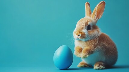 A cute brown bunny rabbit sits in front of a blue Easter egg on a turquoise background.