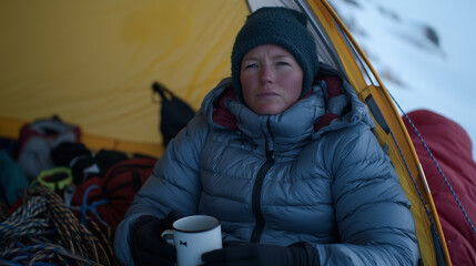 Wall Mural - A woman sits in a tent with a cup of coffee in her hand