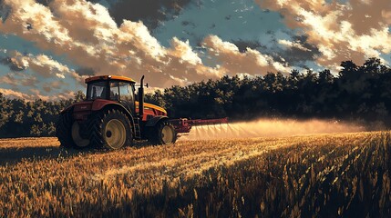 Tractor Spraying Crops at Sunset