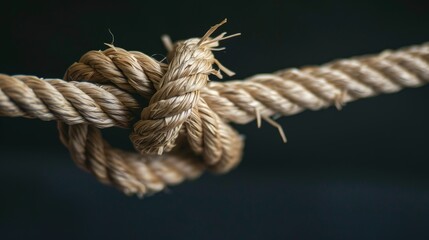 A close-up image of a twisted natural hemp rope knot against a dark background. Its texture highlights craftsmanship, ideal for themes like construction, sailing, or artisanal crafts.