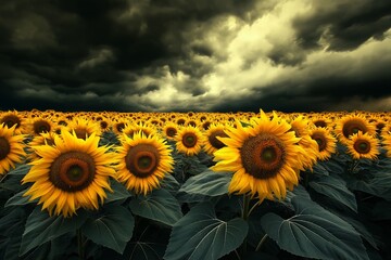 Sticker - A vibrant sunflower field contrasts against a dramatic sky filled with dark mammatus clouds under late afternoon light