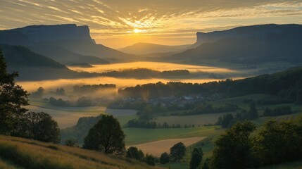 Sticker - A serene sunrise over a fog-covered valley with golden light breaking through mountain ridges in the distance