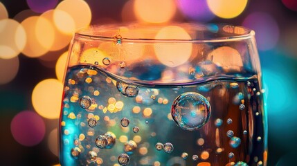 Wall Mural - A glass filled with sparkling water, showcasing bubbles against a colorful backdrop.