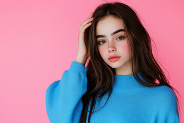 Cute girl in fashionable blue clothing, touching her head lightly with one hand, posing against a pink backdrop.