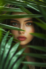 Wall Mural - Elegant girl, her face framed by lush palm leaves, the vibrant green backdrop highlighting her beauty.