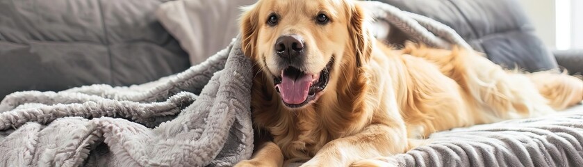 golden retriever dog lounging on a sofa with a cozy blanket, looking happy and comfortable in a home