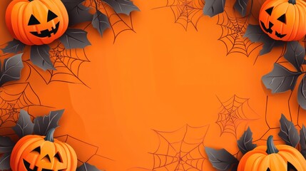 Wall Mural - An illustration of a spiderweb Halloween pumpkin, ghost border in flat lay format