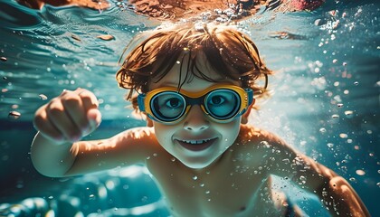 Joyful underwater adventures of a young boy with goggles, embracing the fun of summer vacation in a swimming pool