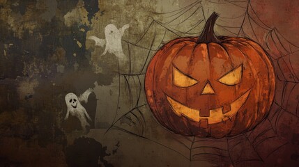 Wall Mural - An illustration of a spiderweb Halloween pumpkin, ghost border in flat lay format