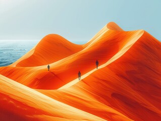 Minimalist vector flat illustration of people walking on the desert, sand dunes, and ocean in the background, with simple shapes, simple lines, and no shadows.