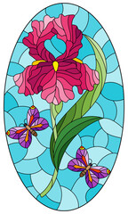 Wall Mural - A stained glass illustration with a pink iris flower and butterflies on a blue background, oval image