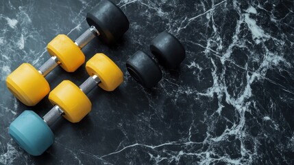 Yellow and Black Dumbbells on Marble Surface