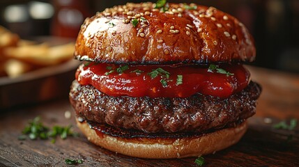 close-up of ketchup being squeezed onto a juicy hamburger, highlighting the vibrant red sauce.