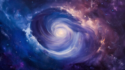 An oil painting of an ethereal white light spiraling into the center, surrounded by swirling cosmic dust and stars. The background is a deep blue with purple hues