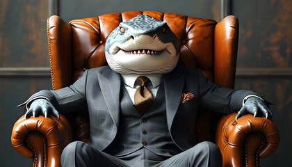 Ambitious alligator in a suit exuding power, seated in a luxurious leather armchair, embodying the relentless spirit of a successful entrepreneur and fierce competitor.