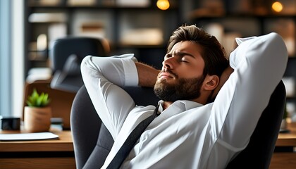 Wall Mural - businessman relaxing in office chair to recharge and clear his mind from intense work stress