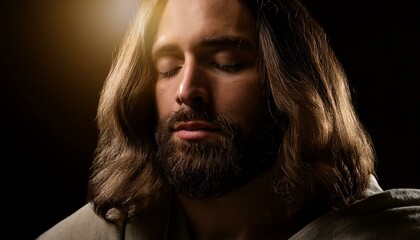 Wall Mural - Close-up of Jesus Christ with His eyes closed in prayer