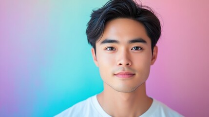 Canvas Print - Close-up Portrait of a Young Asian Man Against a Pastel Pink and Blue Background