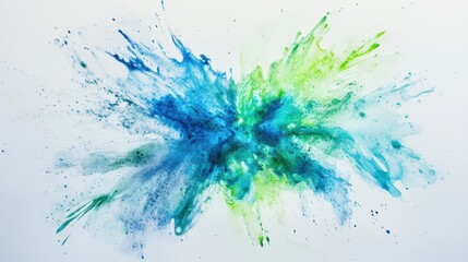 Photo of a vibrant, dynamic watercolor explosion, blending bright blues and greens 