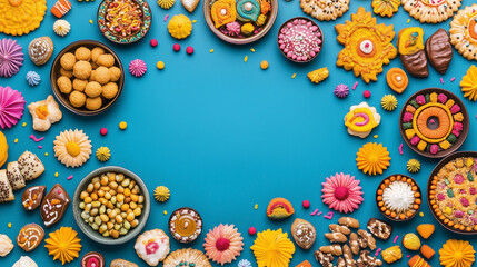 Assorted festive sweets and snacks with a colorful layout on a blue background