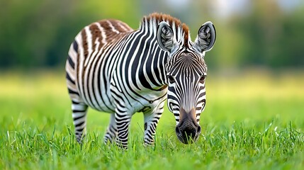 A zebra feeds peacefully in a green grass field, a serene scene of nature.