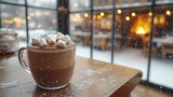 Cozy coffee shop during winter, hot cocoa with marshmallows on a wooden table, frosted windows, warm light from a fireplace casting a soft glow,