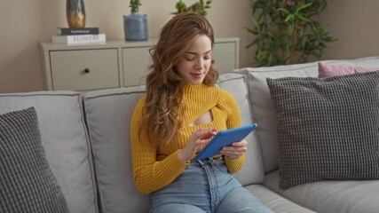 Poster - Young beautiful caucasian woman using a tablet in a cozy living room of her home while sitting on a comfortable sofa.