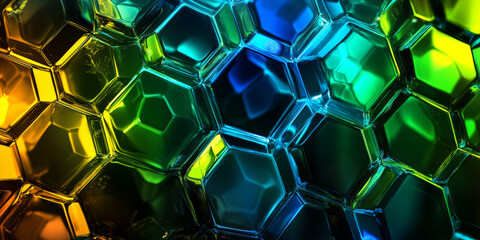 Wall Mural - Vibrant neon hexagons with a glassy, translucent texture. Shades of green, blue, and yellow glow across a black velvet-like background, with light reflecting from every angle.