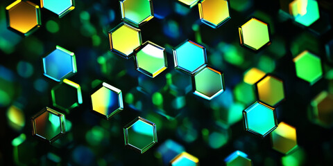 Wall Mural - Vibrant neon hexagons with a glassy, translucent texture. Shades of green, blue, and yellow glow across a black velvet-like background, with light reflecting from every angle.