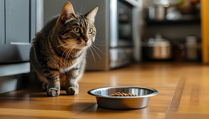 Hungry cat patiently awaits food in the kitchen beside an empty bowl