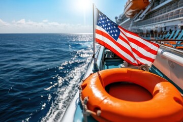 American flag flies atop a cruise ship at sea. Generative AI