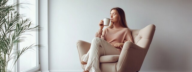 Canvas Print - A young woman enjoys a warm beverage while relaxing in a cozy chair in a bright, modern living space